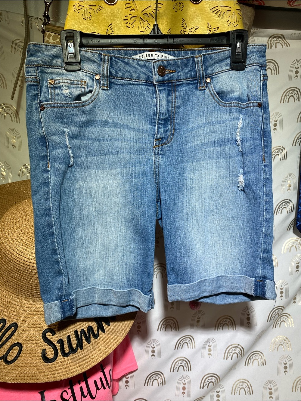 Celebrity Pink Light Blue Rolled Cuff Denim Bermuda Shorts